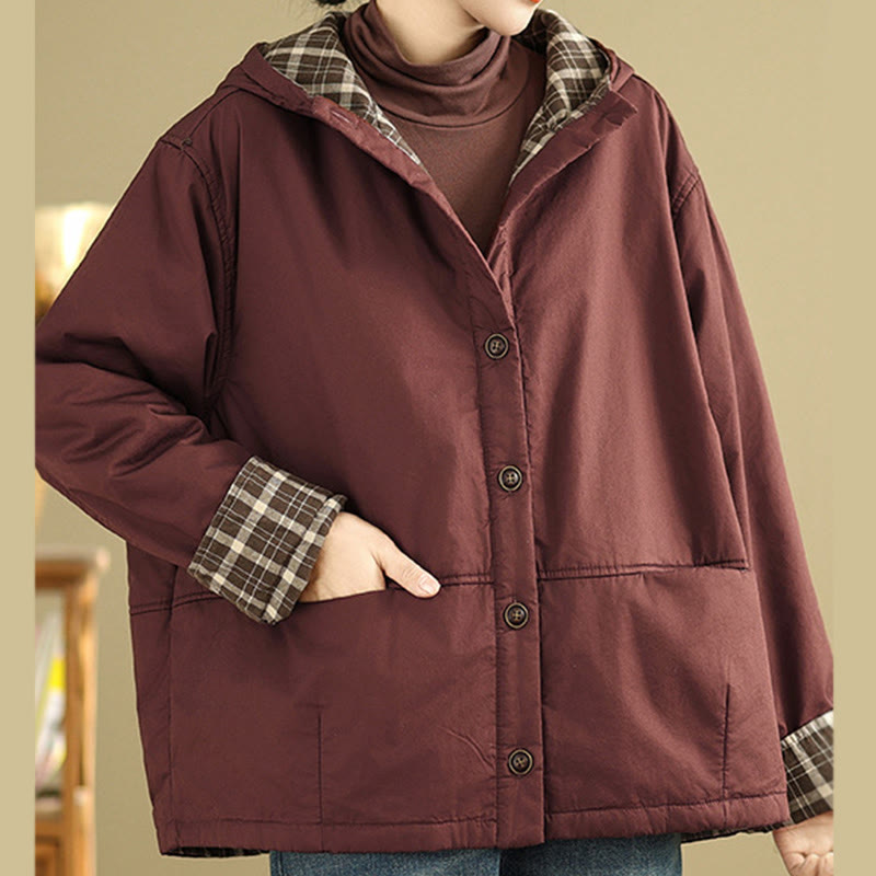 Damen-Kapuzenjacke mit Buddha Stones -Karomuster, langärmelig, aus dicker Baumwolle, mit Taschen - image 7