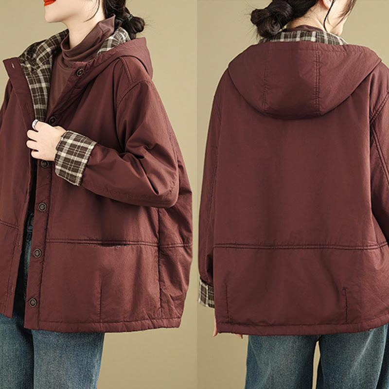 Damen-Kapuzenjacke mit Buddha Stones -Karomuster, langärmelig, aus dicker Baumwolle, mit Taschen - image 8