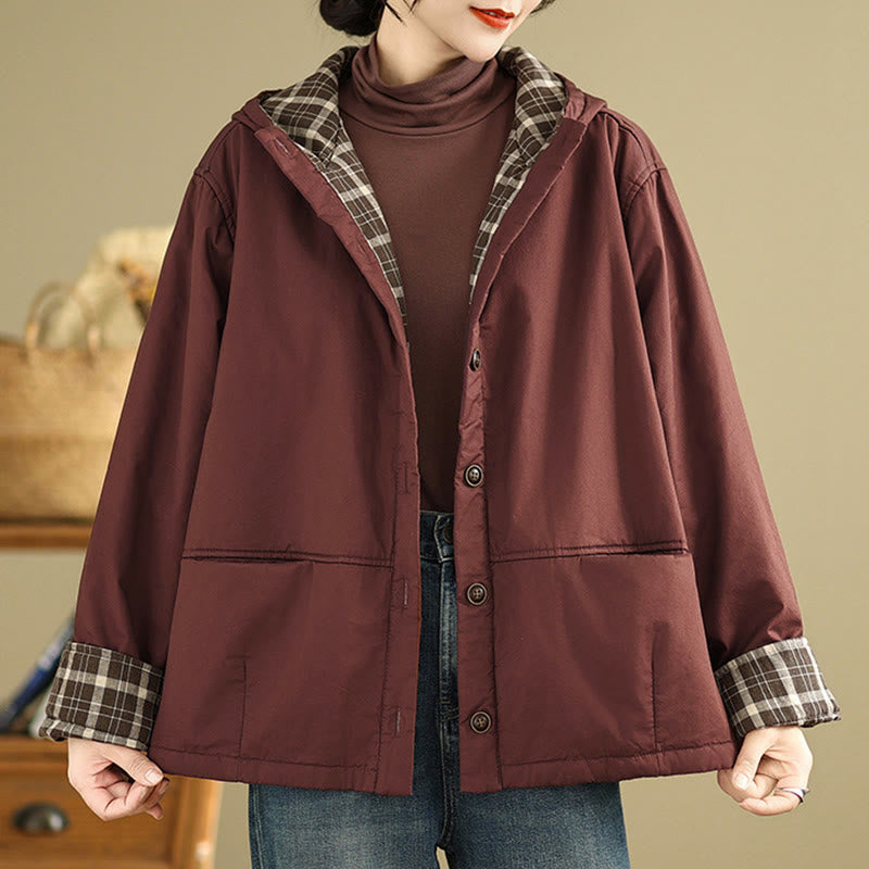 Damen-Kapuzenjacke mit Buddha Stones -Karomuster, langärmelig, aus dicker Baumwolle, mit Taschen - image 5