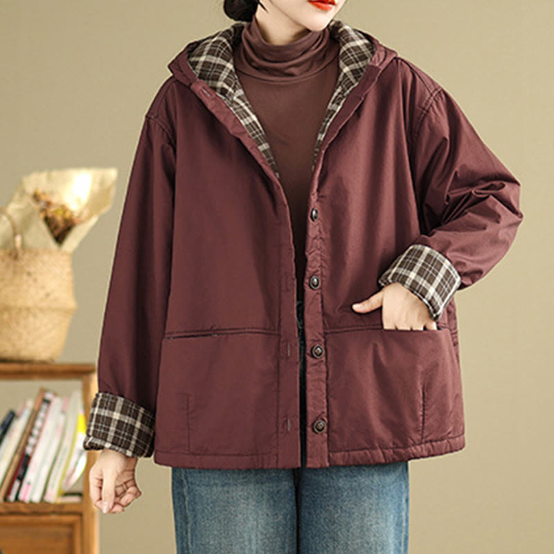 Damen-Kapuzenjacke mit Buddha Stones -Karomuster, langärmelig, aus dicker Baumwolle, mit Taschen - image 6