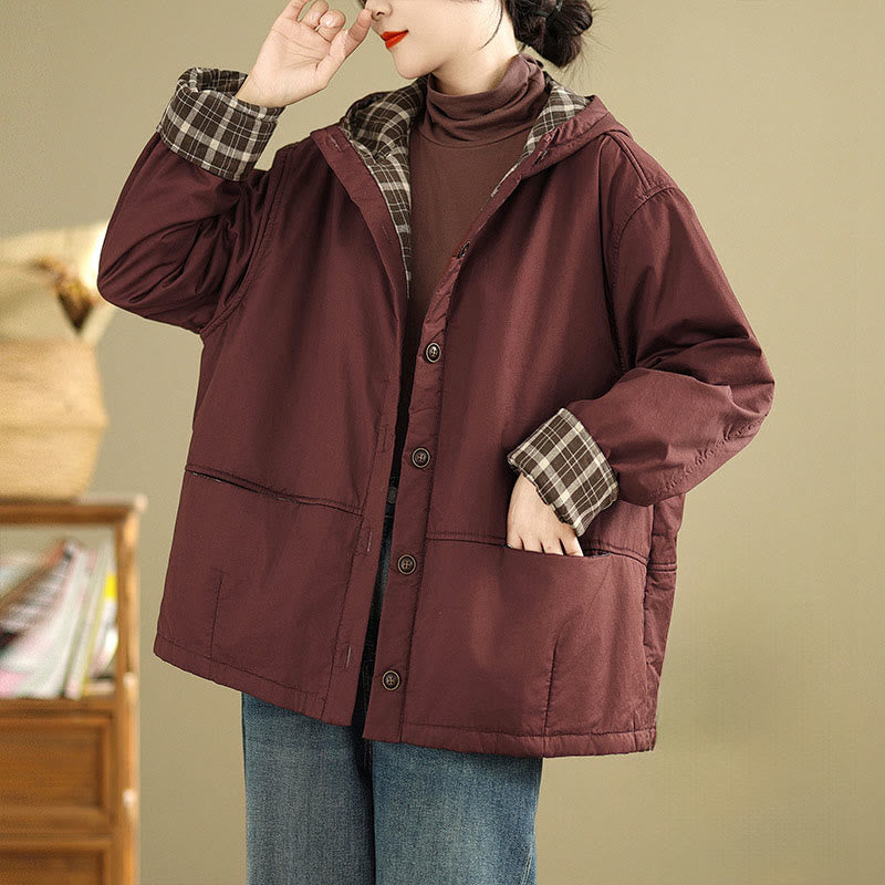 Damen-Kapuzenjacke mit Buddha Stones -Karomuster, langärmelig, aus dicker Baumwolle, mit Taschen - Kastanienbraun - US12, UK/AU16, EU44 (XL) - image 4