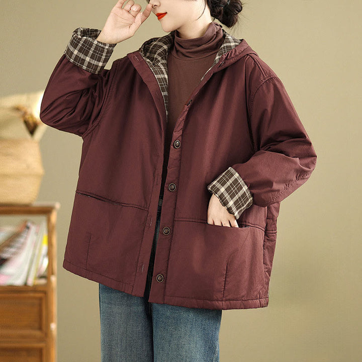 Damen-Kapuzenjacke mit Buddha Stones -Karomuster, langärmelig, aus dicker Baumwolle, mit Taschen - Kastanienbraun - US12, UK/AU16, EU44 (XL) - image 4