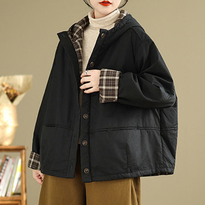 Damen-Kapuzenjacke mit Buddha Stones -Karomuster, langärmelig, aus dicker Baumwolle, mit Taschen - image 14