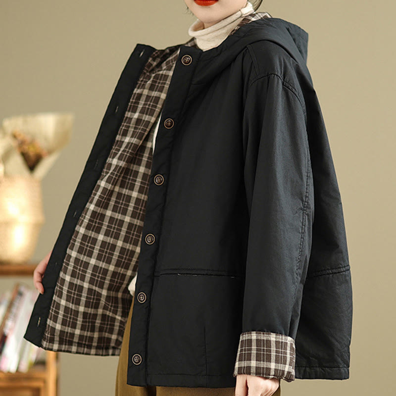 Damen-Kapuzenjacke mit Buddha Stones -Karomuster, langärmelig, aus dicker Baumwolle, mit Taschen - image 17