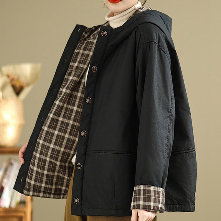 Damen-Kapuzenjacke mit Buddha Stones -Karomuster, langärmelig, aus dicker Baumwolle, mit Taschen - image 17