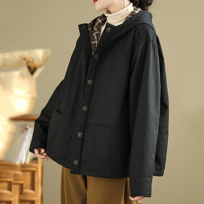 Damen-Kapuzenjacke mit Buddha Stones -Karomuster, langärmelig, aus dicker Baumwolle, mit Taschen - image 15