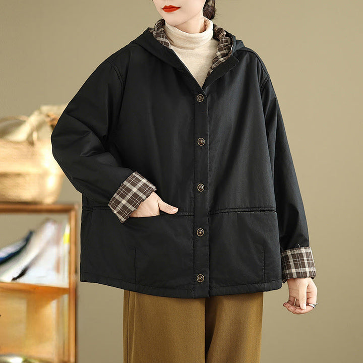 Damen-Kapuzenjacke mit Buddha Stones -Karomuster, langärmelig, aus dicker Baumwolle, mit Taschen - Schwarz - US12, UK/AU16, EU44 (XL) - image 13