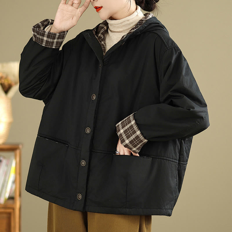 Damen-Kapuzenjacke mit Buddha Stones -Karomuster, langärmelig, aus dicker Baumwolle, mit Taschen - image 16