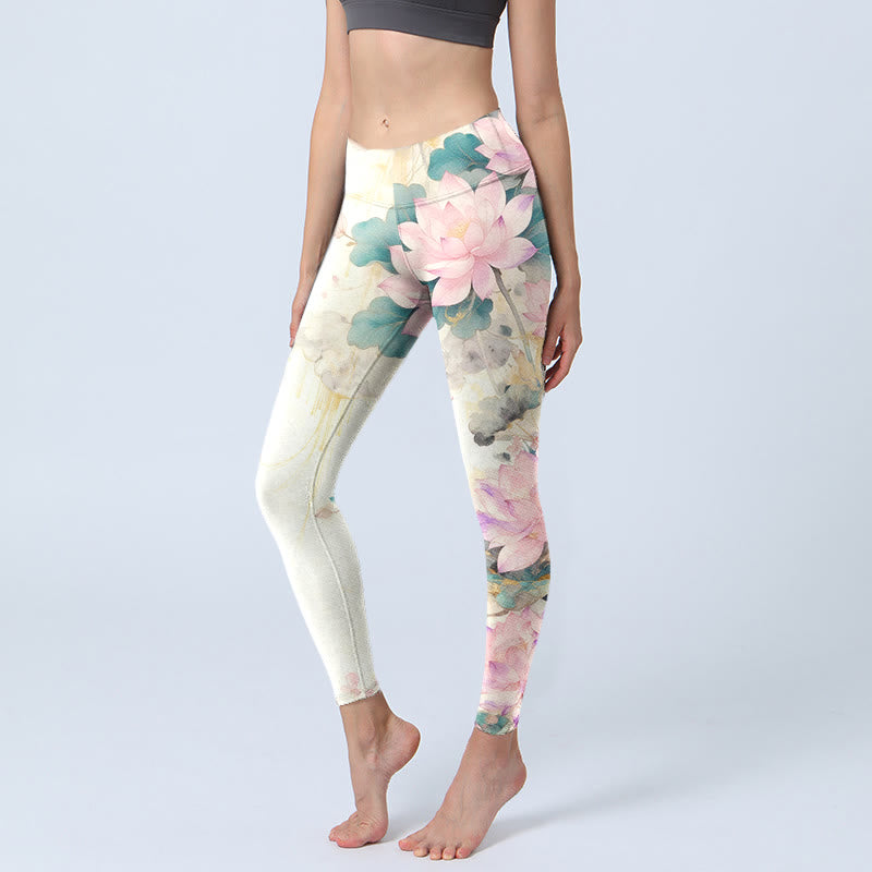 Leggings mit Buddha Stones, Lotusblüten- und Blättermuster, Damen-Yogahosen - GhostWhite - US18, UK/AU22, EU50 (4XL) - image 0