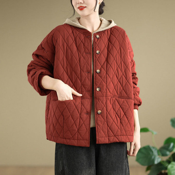 Damen-Baumwolljacke mit langen Ärmeln, dicker Verarbeitung und Taschen , Buddha Stones -Diamantmuster - Dunkelrot - US12, UK/AU16, EU44 (3XL) - image 11