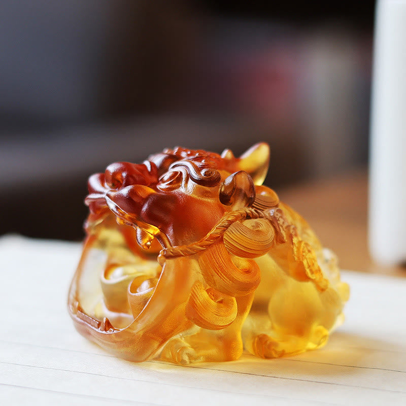 Buddha Stones, handgefertigtes Liuli-Kristall-Gold-Schluck-PiXiu-Kunstwerk, Heimdekoration - Gelber Pixiu 7,8 x 6,5 x 5,5 cm - image 0