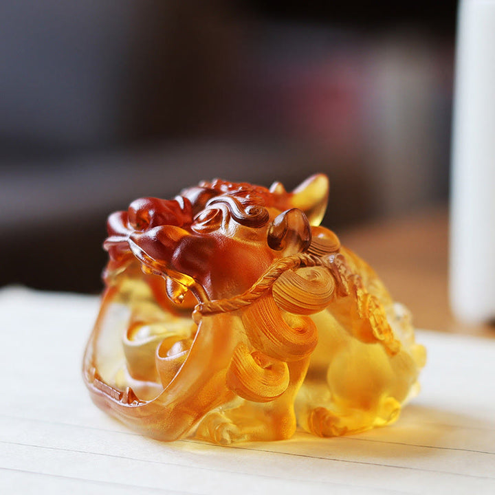Buddha Stones, handgefertigtes Liuli-Kristall-Gold-Schluck-PiXiu-Kunstwerk, Heimdekoration - Gelber Pixiu 7,8 x 6,5 x 5,5 cm - image 0