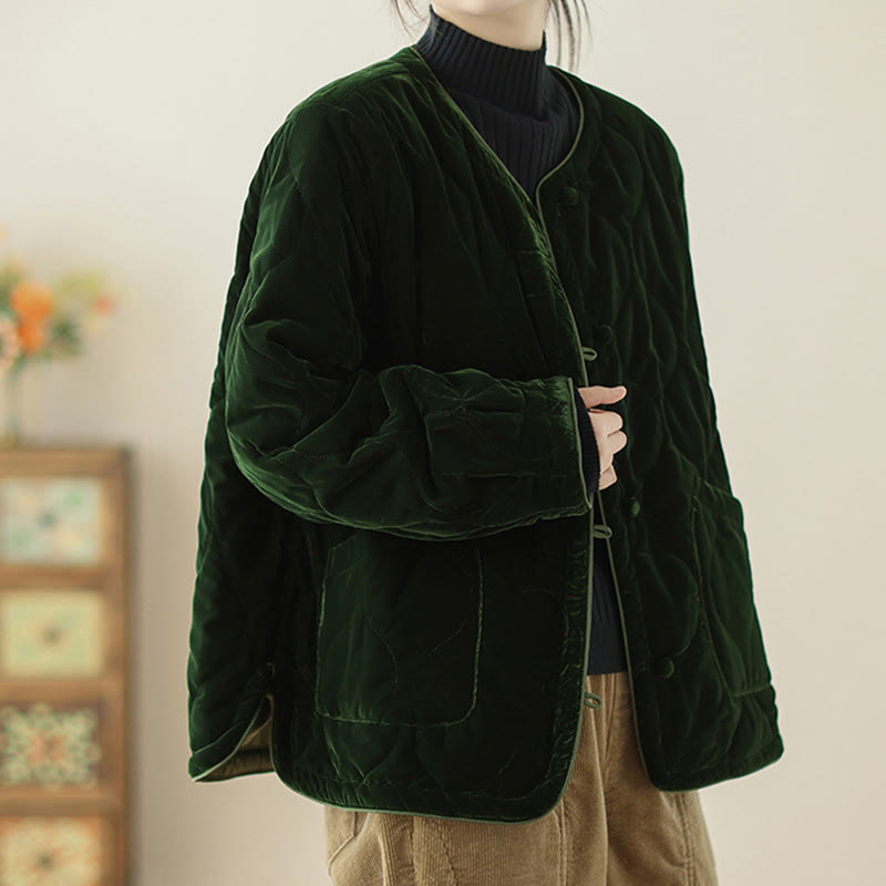 Kurzärmelige, dicke Damenjacke mit Buddha Stones -Diamantmuster und Taschen - image 3