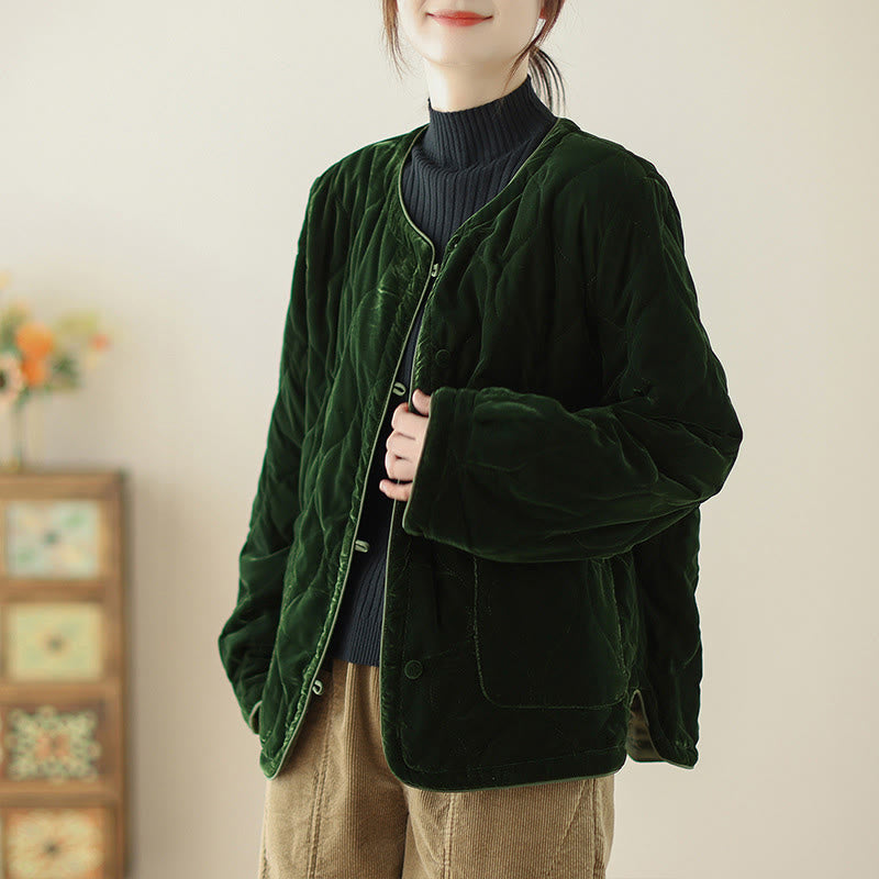 Kurzärmelige, dicke Damenjacke mit Buddha Stones -Diamantmuster und Taschen - Dunkelgrün - US12, UK/AU16, EU44 (2XL) - image 0