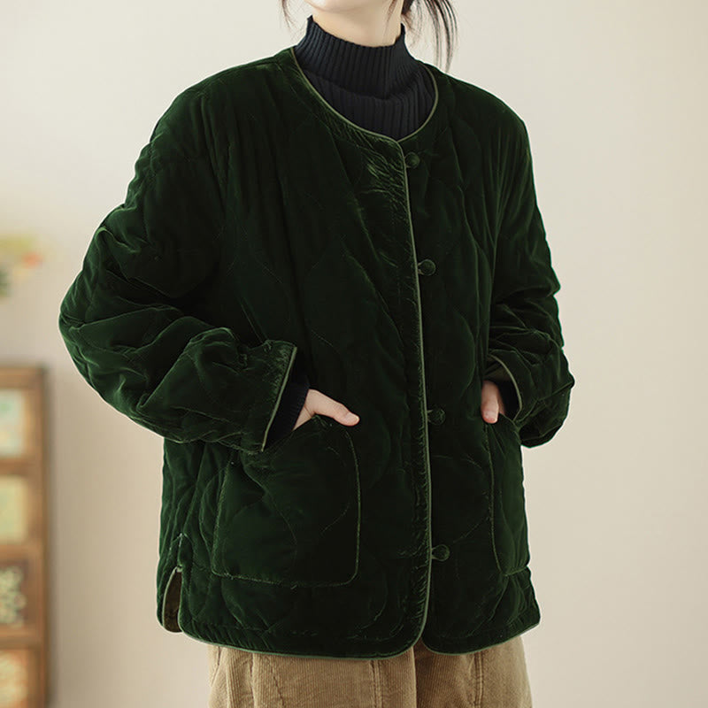 Kurzärmelige, dicke Damenjacke mit Buddha Stones -Diamantmuster und Taschen - image 2