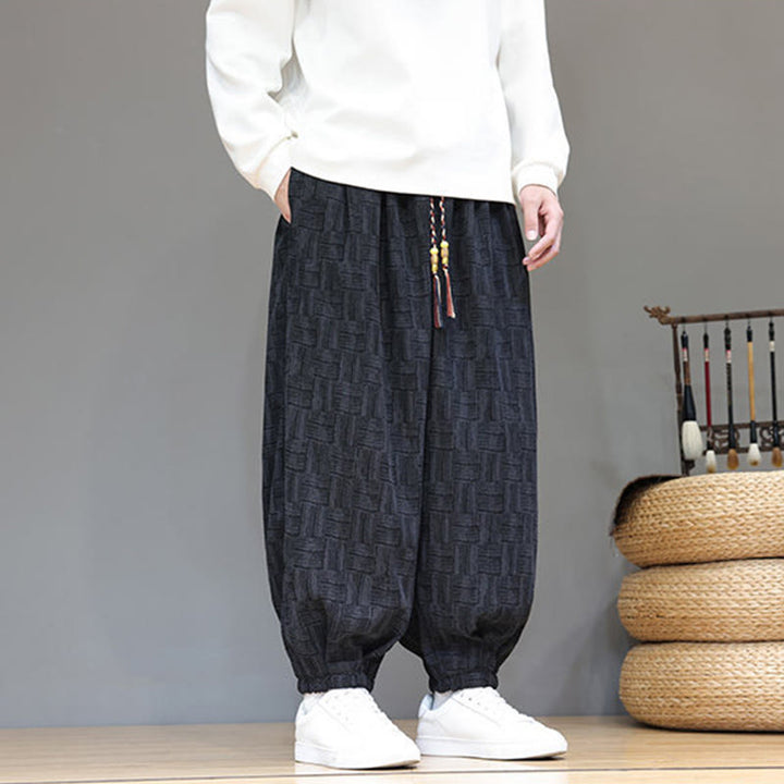 Buddha Stones Herbst Jacquard Karomuster Baumwollcord Herren Haremshose mit Taschen - image 8