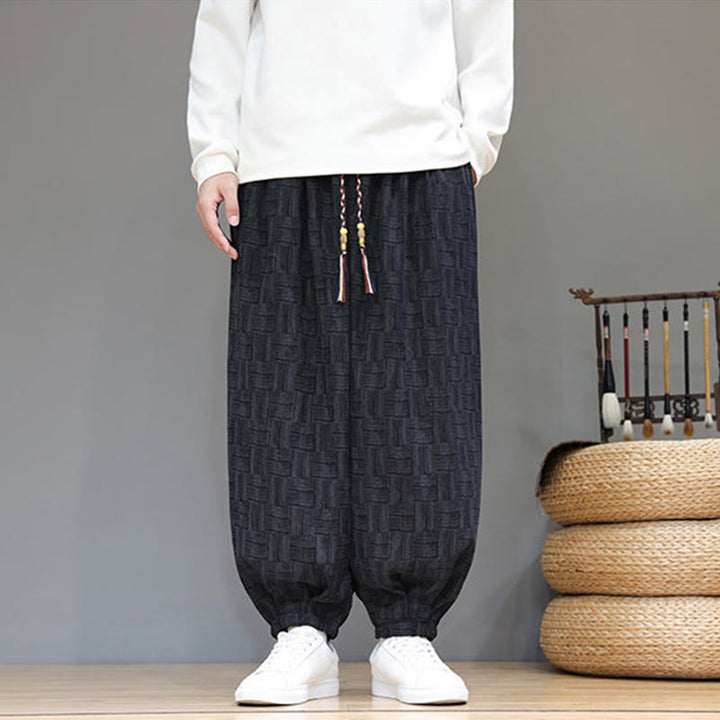 Buddha Stones Herbst Jacquard Karomuster Baumwollcord Herren Haremshose mit Taschen - image 6