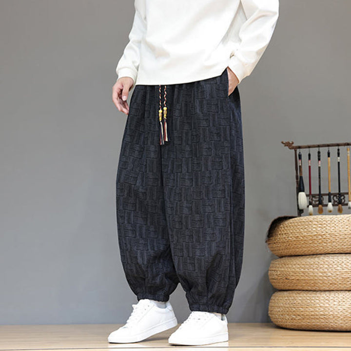 Buddha Stones Herbst Jacquard Karomuster Baumwollcord Herren Haremshose mit Taschen - image 2