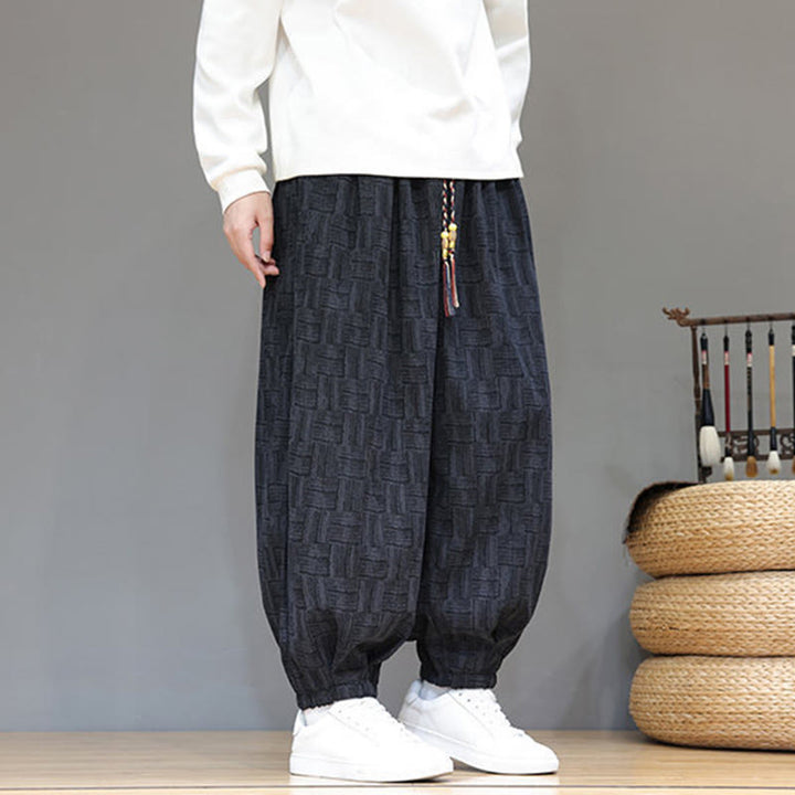 Buddha Stones Herbst Jacquard Karomuster Baumwollcord Herren Haremshose mit Taschen - image 5
