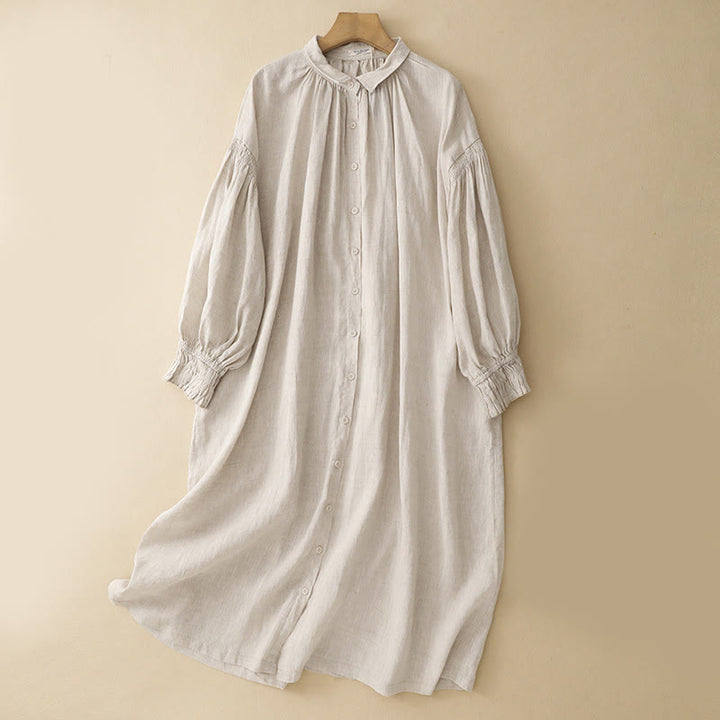 Buddha Stones ​​Beige Knöpfe Revers Design Langarm Baumwoll-Midikleid mit Taschen - Beige - US 8-10, UK/AU 12-14, EU 40-42 (2XL) - image 0