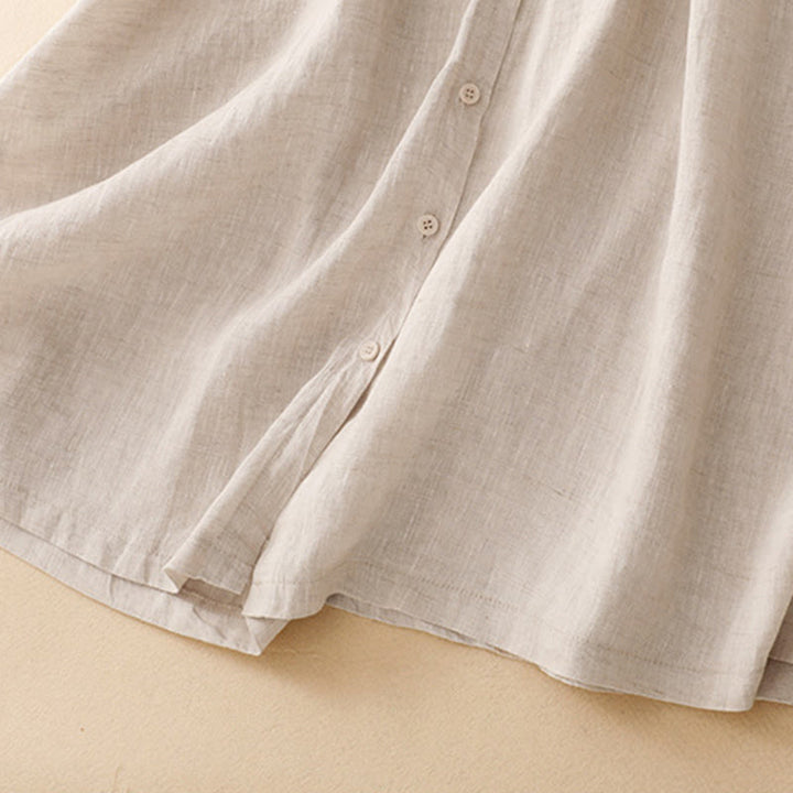 Buddha Stones ​​Beige Knöpfe Revers Design Langarm Baumwoll-Midikleid mit Taschen - image 6