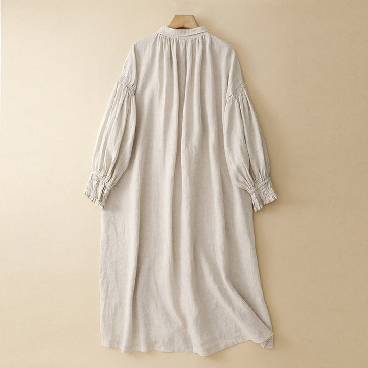 Buddha Stones ​​Beige Knöpfe Revers Design Langarm Baumwoll-Midikleid mit Taschen - image 1