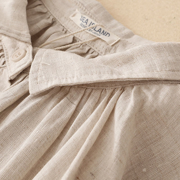 Buddha Stones ​​Beige Knöpfe Revers Design Langarm Baumwoll-Midikleid mit Taschen - image 3