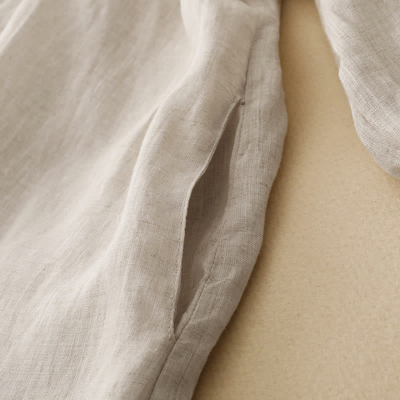 Buddha Stones ​​Beige Knöpfe Revers Design Langarm Baumwoll-Midikleid mit Taschen - image 4