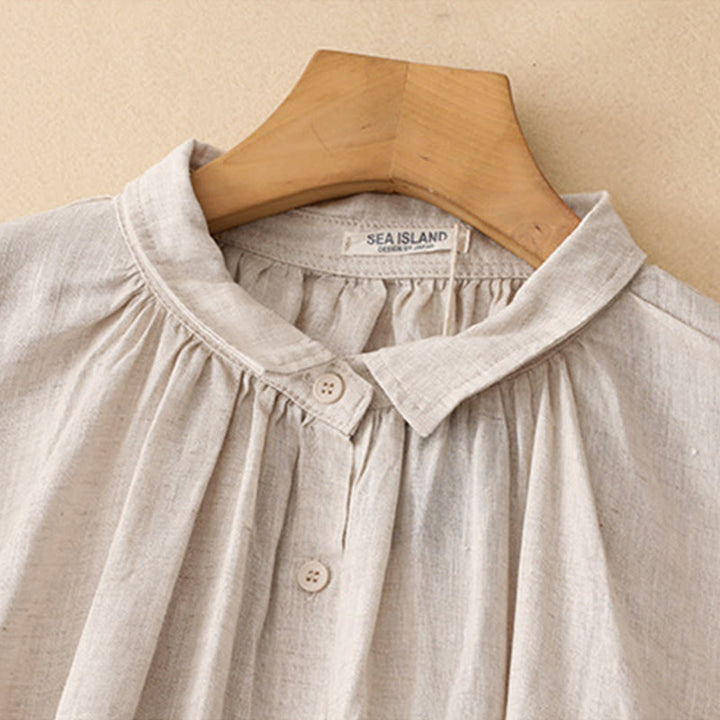 Buddha Stones ​​Beige Knöpfe Revers Design Langarm Baumwoll-Midikleid mit Taschen - image 2