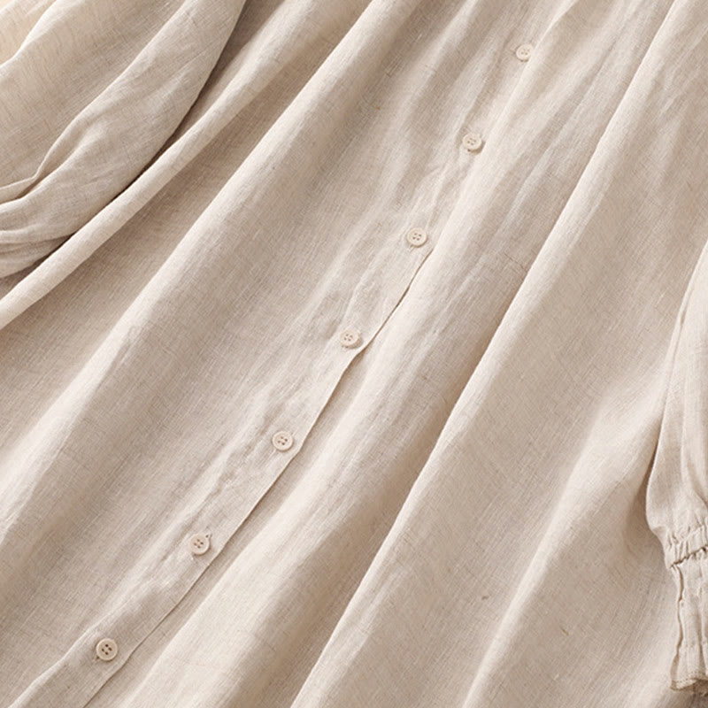 Buddha Stones ​​Beige Knöpfe Revers Design Langarm Baumwoll-Midikleid mit Taschen - image 5