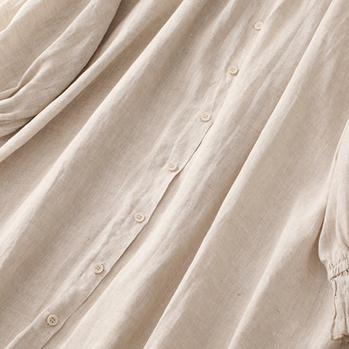 Buddha Stones ​​Beige Knöpfe Revers Design Langarm Baumwoll-Midikleid mit Taschen - image 5