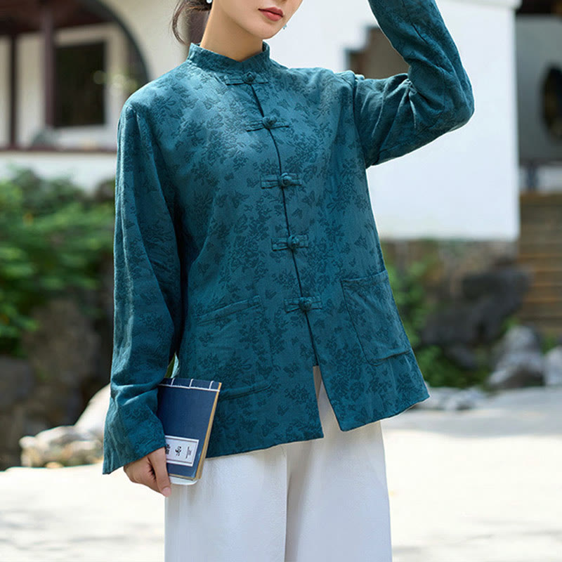 Buddha Stones Damenhemd und Hose mit Froschknopfleiste, langen Ärmeln und Taschen aus Baumwolljacquard - Blaues Hemd - US 8-10, UK/AU 12-14, EU 40-42 (2XL) - image 0