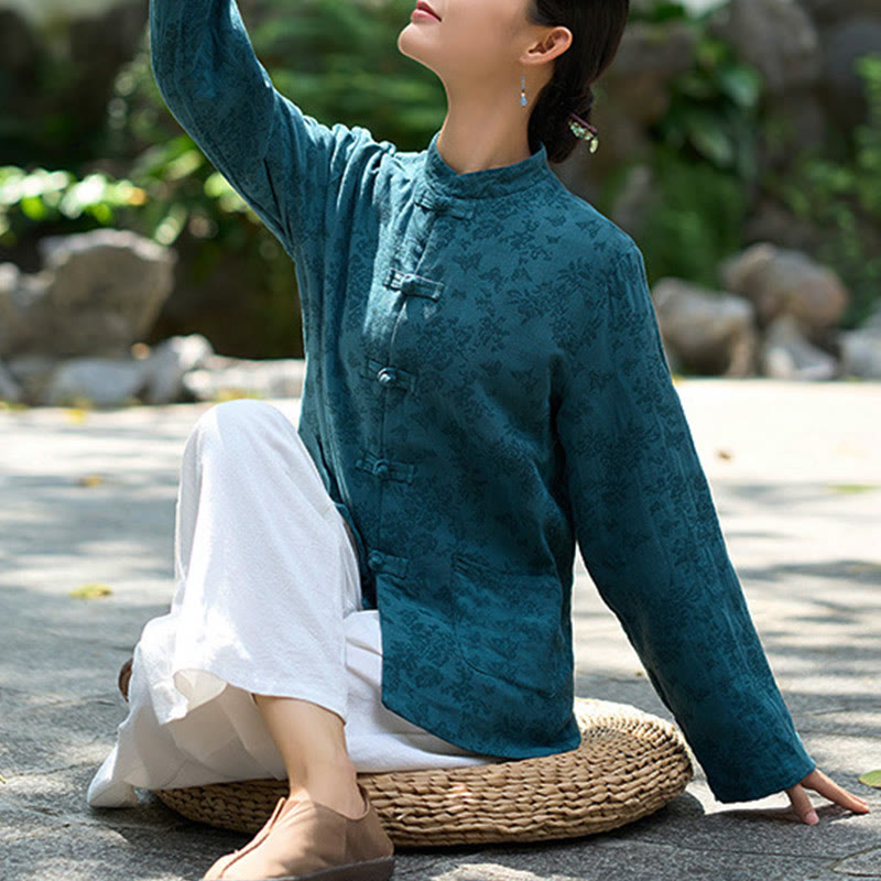 Buddha Stones Damenhemd und Hose mit Froschknopfleiste, langen Ärmeln und Taschen aus Baumwolljacquard - image 3