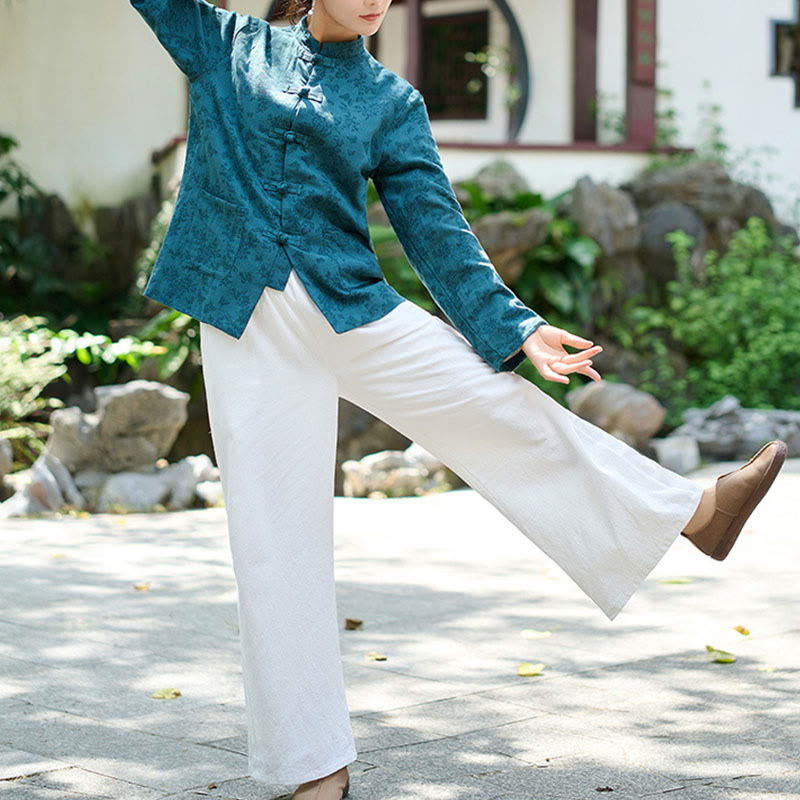 Buddha Stones Damenhemd und Hose mit Froschknopfleiste, langen Ärmeln und Taschen aus Baumwolljacquard - image 7