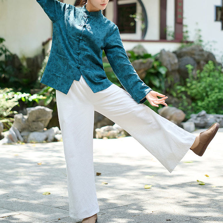 Buddha Stones Damenhemd und Hose mit Froschknopfleiste, langen Ärmeln und Taschen aus Baumwolljacquard - image 7