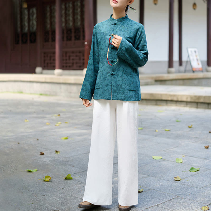 Buddha Stones Damenhemd und Hose mit Froschknopfleiste, langen Ärmeln und Taschen aus Baumwolljacquard - image 6