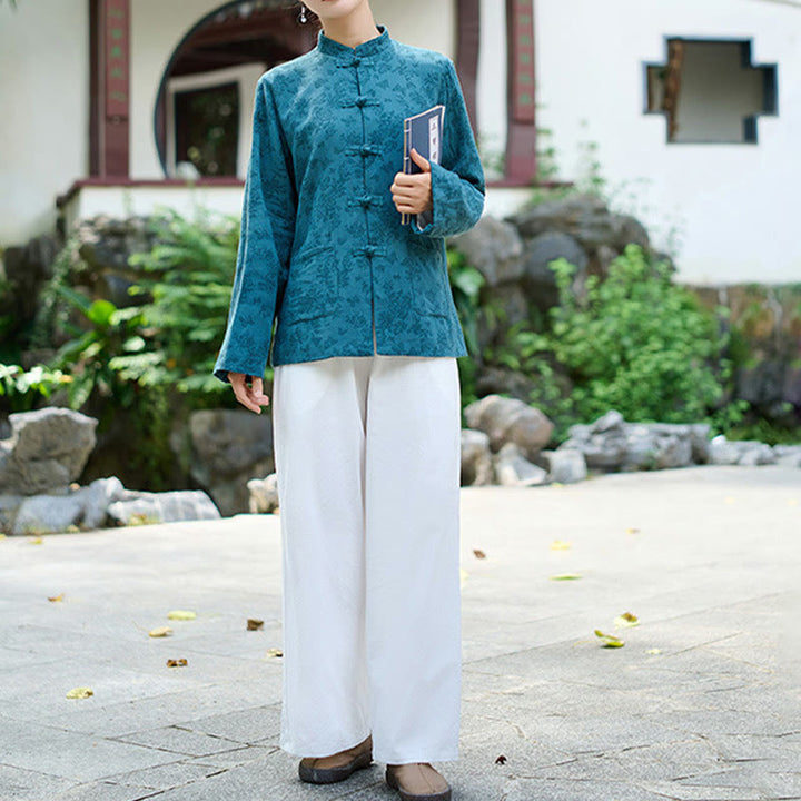 Buddha Stones Damenhemd und Hose mit Froschknopfleiste, langen Ärmeln und Taschen aus Baumwolljacquard - image 4