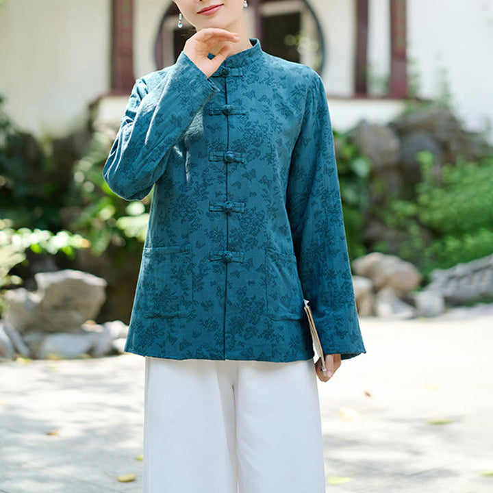 Buddha Stones Damenhemd und Hose mit Froschknopfleiste, langen Ärmeln und Taschen aus Baumwolljacquard - image 2