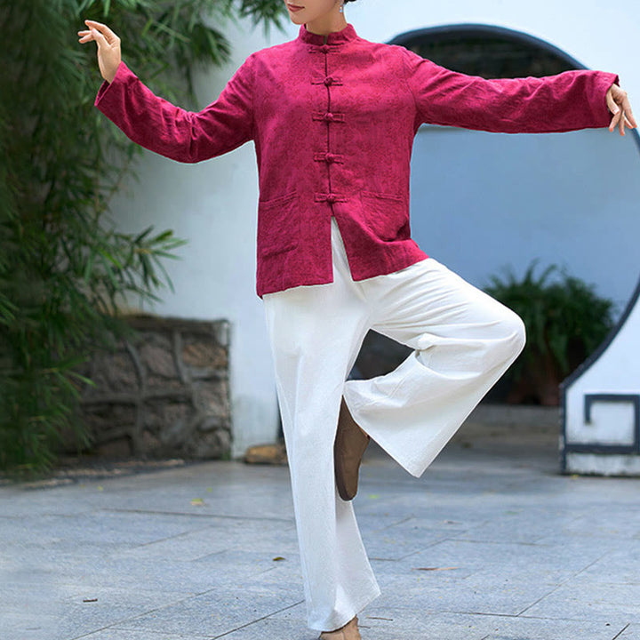 Buddha Stones Damenhemd und Hose mit Froschknopfleiste, langen Ärmeln und Taschen aus Baumwolljacquard - image 20