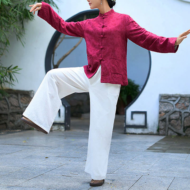 Buddha Stones Damenhemd und Hose mit Froschknopfleiste, langen Ärmeln und Taschen aus Baumwolljacquard - image 17