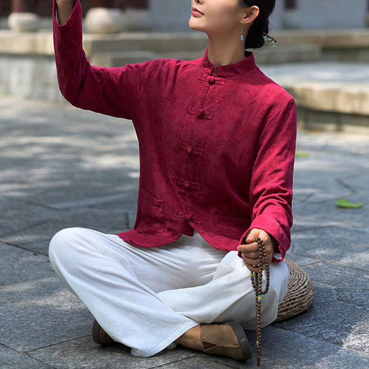 Buddha Stones Damenhemd und Hose mit Froschknopfleiste, langen Ärmeln und Taschen aus Baumwolljacquard - image 18