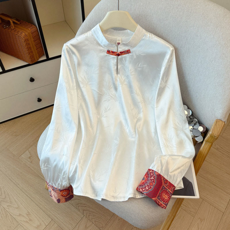 Buddha Stones, Froschknopf, Drachenblume, Bambus-Jacquard-Design, Damenweste, Hemd - Weißes Hemd - US 8-10, UK/AU 12-14, EU 40-42 (2XL) - image 8