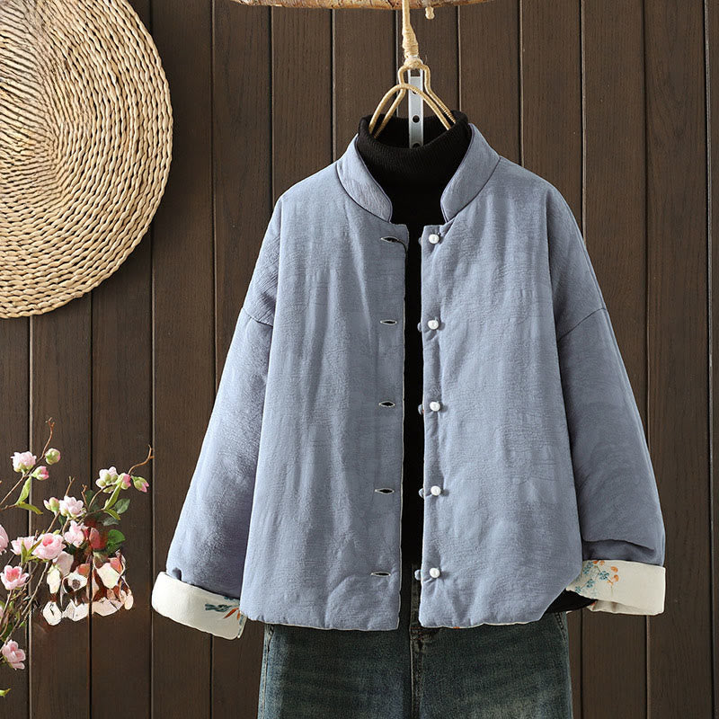 Buddha Stones, Froschknopf-Damenjacke mit langen Ärmeln, dickem Baumwollstoff und floralen Bündchen - Hellstahlblau - US 8-10, UK/AU 12-14, EU 40-42 (2XL) - image 0