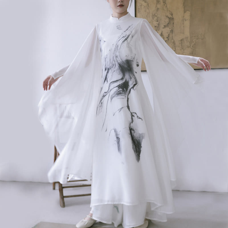 Buddha Stones -Print, weiße Tinte, Kurzarm-Meditationskleid für Damen, Midi-Länge, Zen-Kleidung - image 2