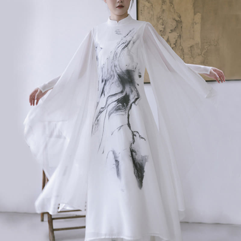 Buddha Stones -Print, weiße Tinte, Kurzarm-Meditationskleid für Damen, Midi-Länge, Zen-Kleidung - Kleid (nur Kleid) - US 8-10, UK/AU 12-14, EU 40-42 (2XL) - image 10