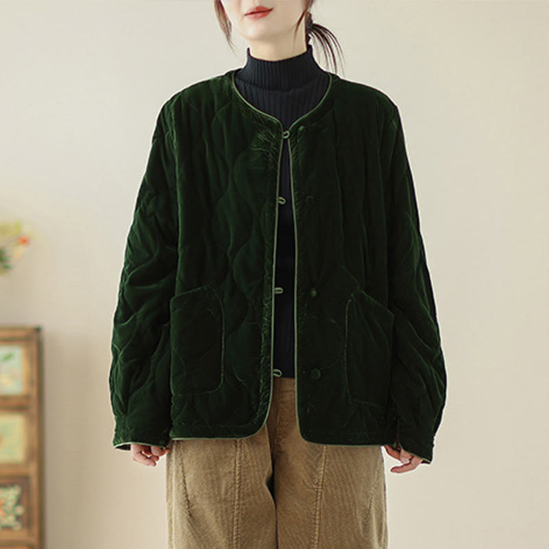 Kurzärmelige, dicke Damenjacke mit Buddha Stones -Diamantmuster und Taschen - image 1