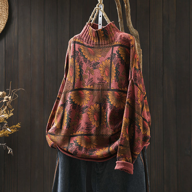 Buddha Stones -Sonnenblumenmuster-Baumwollpullover mit Stehkragen und langen Ärmeln für Damen - Orangerot - US4-8/10, UK/AU8-12/14, EU36-40/42 (F) - image 13