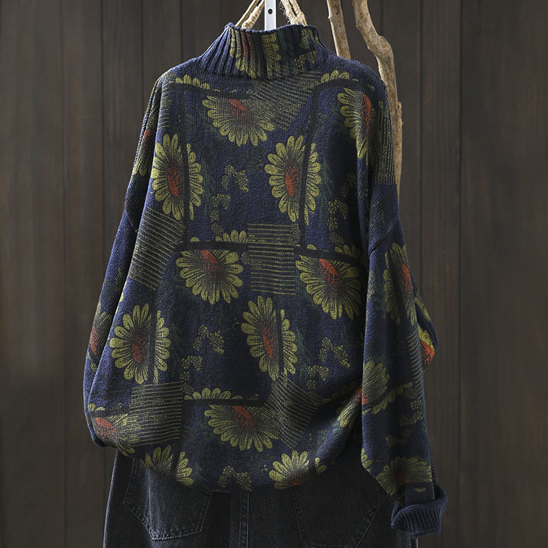 Buddha Stones -Sonnenblumenmuster-Baumwollpullover mit Stehkragen und langen Ärmeln für Damen - image 3