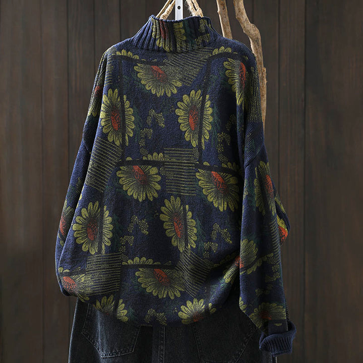 Buddha Stones -Sonnenblumenmuster-Baumwollpullover mit Stehkragen und langen Ärmeln für Damen - image 3