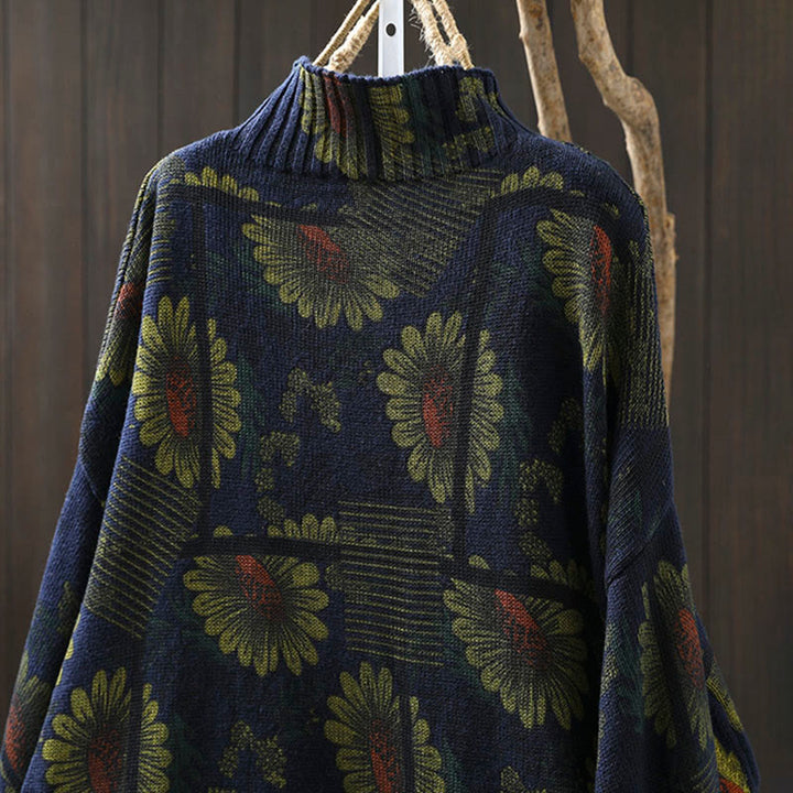 Buddha Stones -Sonnenblumenmuster-Baumwollpullover mit Stehkragen und langen Ärmeln für Damen - image 5